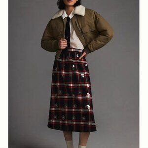 Anthropologie Maeve Embellished Plaid Skirt Black and Red Size 4